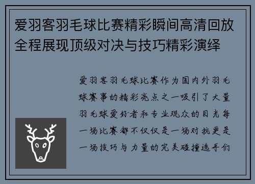 爱羽客羽毛球比赛精彩瞬间高清回放全程展现顶级对决与技巧精彩演绎