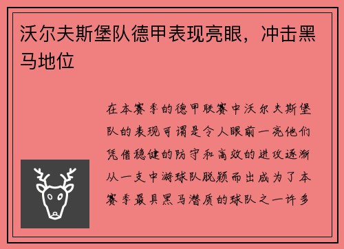 沃尔夫斯堡队德甲表现亮眼，冲击黑马地位