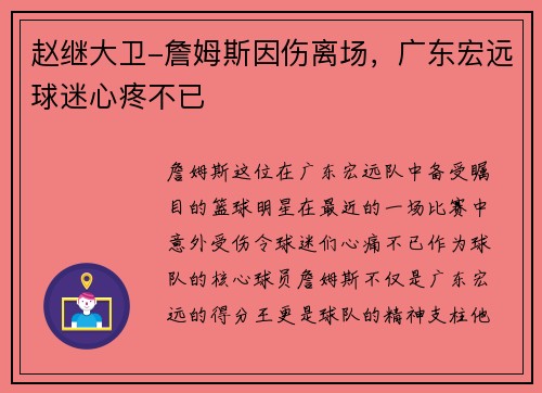 赵继大卫-詹姆斯因伤离场，广东宏远球迷心疼不已